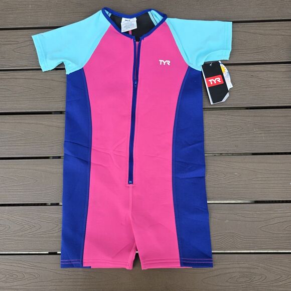TYR Girls Solid Thermal Swim Suit Zip up Pink/Mint/Royal Size 5T New - Picture 1 of 4
